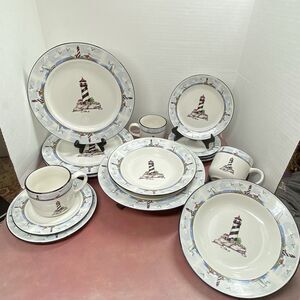 Vintage 16 Pcs Totally Today Coastal Lighthouse Nautical Partial Dinnerware Set